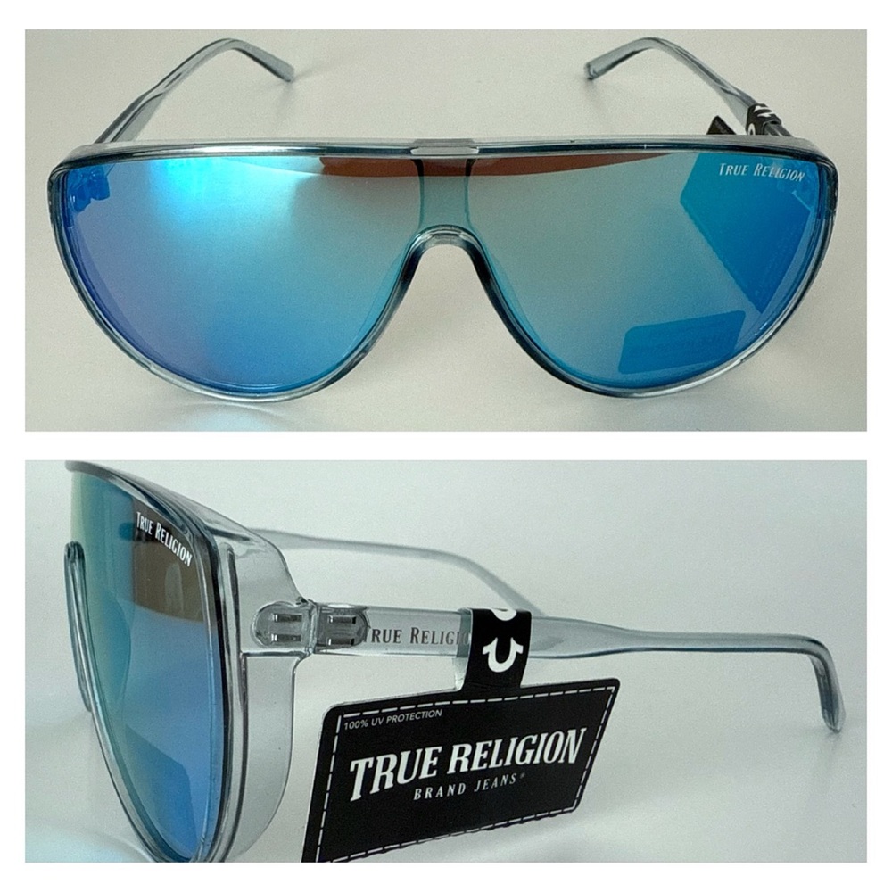 NEW TRUE RELIGION Shield Flat Top Sunglasses Blue Mirror